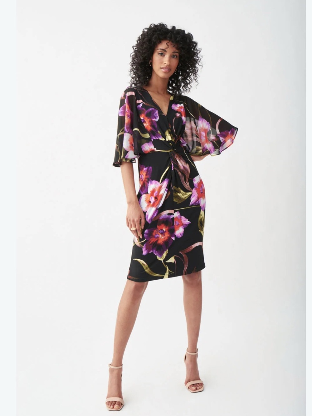 Joyce Ribkoff Black Midi Dress with Purple & Pink Floral Print
